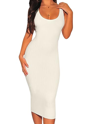 Women's Sexy Bodycon Tank Dresses Sleeveless Ribbed Knit Midi Club Dresses White-a