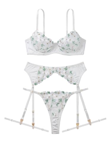 Image of Lilosy Sexy Leaf Floral Embroidered Mesh Sheer Women Underwire Push Up Lingerie Set