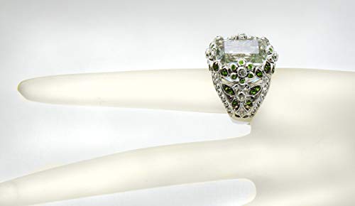 Image of Sterling Silver 925 Ring Genuine GEMS Octagon 16X12 mm 11 Cts Rhodium-Plated Finish Baroque Style
