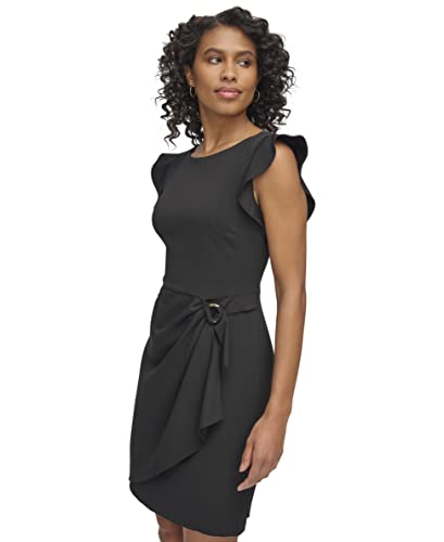 Image of DKNY Women's Flutter Sleeve Faux Wrap Dress with Hardware