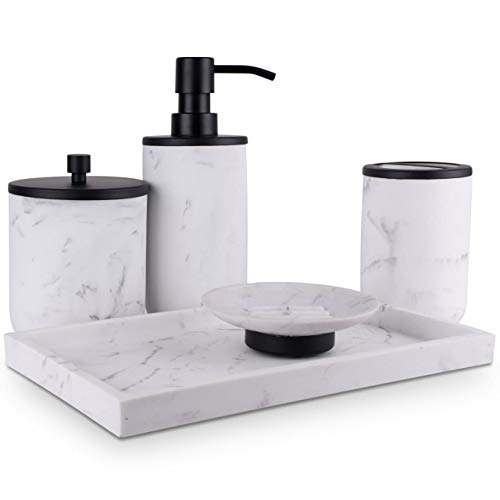 L'MKI Bathroom Soap Dispenser Set - Bathroom Toothbrush Holder Set, Marble Bathroom Accessories, Matte Black Bathroom Accessories Set, Farmhouse Bathroom Decor, 5-Piece Bathroom Accessories Set