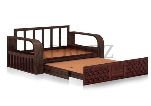 Image of APRODZ Solid Sheesham Wood Sofa Cum Bed 3 Seater Velevt Fabric with Blue Upholstery & Cushion Perfect Sofa Furniture for Home Living Office Room and Guests (Walnut Finish 75x69x30-Inch)