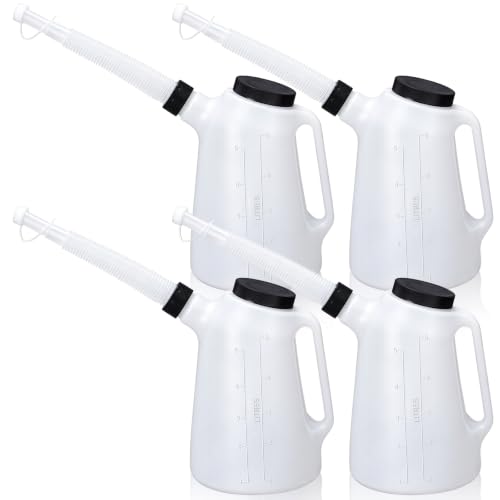 Mifoci 4 Pack 5.3 Quart Oil Measuring Containers, Translucent Plastic Oil Dispenser Cans with Long Spout Leak Proof Dispensers for Automotive Fluid Car Engine Transmission Fluid Brake Change