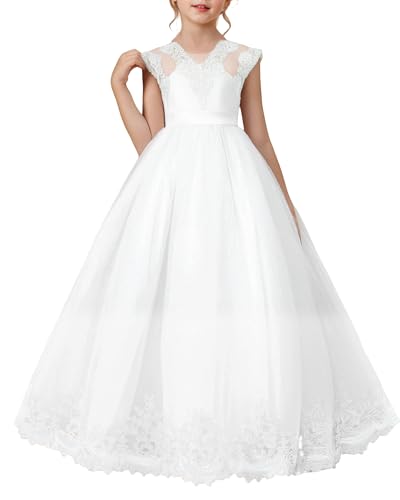 YALLET 5Y 6Y Flower Girls Dresses Stain Sleeveless Wedding Party Dress Lace Tulle Girls Ball Gown with Bowknot for Valentines Day Easter Wedding Party Birthday Special Occasion(White 5-6 Years)