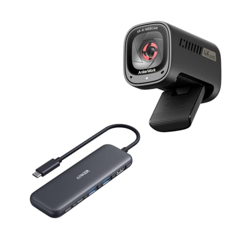 Anker 332 USB-C Hub(5-in-1) & AnkerWork C310 Webcam, 4K HDMI Display, 5Gbps - and 2 5Gbps USB-A Data Ports, 4K Webcam, 12 Megapixel, AI Auto Focus, AI Framing, AI Noise Canceling Mic