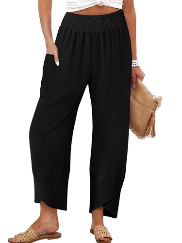 Women's Summer High Waisted Baggy Pants Wide Leg Linen Pants Casual Ankle Length Trouser Slacks with Pockets