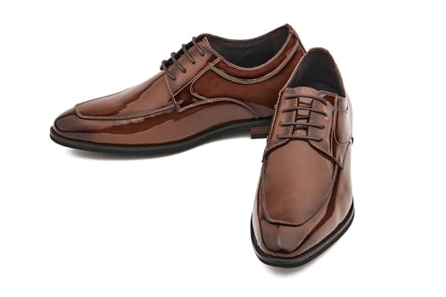 Image of CALTO Men's Invisible Height Increasing Elevator Shoes - Caramel Brown Patent Leather Lace-up Formal Dress Oxfords - 2.8 Inches Taller - K2711 - Size 6.5 D(M) US