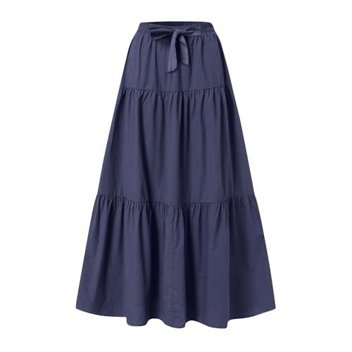 Womens Ruffle Maxi Skirts High Waist Elastic Layered Pleated Long Skirt Summer Casual Flowy Skirts with Drawstring