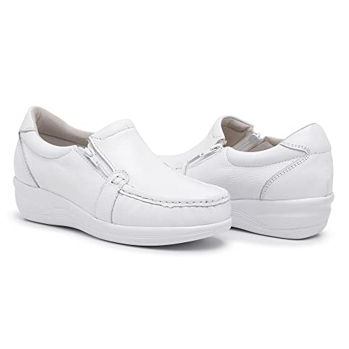 Sapato Ortopédico Feminino Tênis Mocassim Ziper Lateral Anti Stress Confortável Em Couro Legítimo (38, Branco)