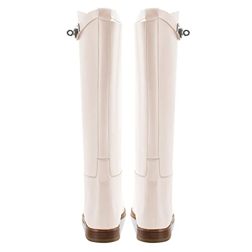 Ydn Women Classic Round Toe Under The Knee High Flat Riding Boots Pull On Mental Buckle Wide Calf Booties Combat Walking Boots Size 12 White #TOP3