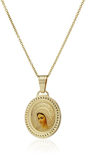 14k Yellow Gold Blessed Virgin Mary Oval Picture Medal Necklace, 18"
