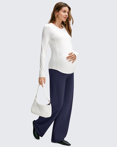 Image of G4Free BareFeel Maternity Pants Over the Belly Pregnancy Trousers for Work | High Waist Coverage,Two Side Pockets,Wide Leg Design,Soft Knit Fabric,for Dress Casual Yoga