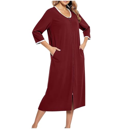 Women Casual Loungewear with Pockets Full Zipper 3/4 Sleeve Nightgown Loose Comfy Nightdress Fashion Sleepwear Wine