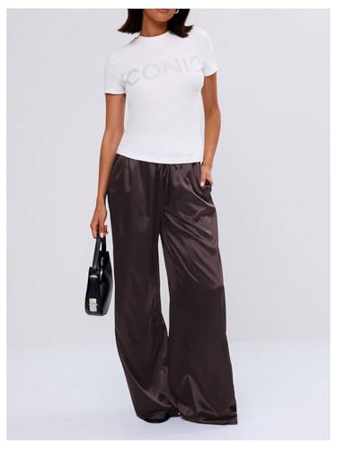 Image of MakeMeChic Women's Summer Satin Silk Pants Casual Flowy Pants Beach Vacation Wide Leg Pants