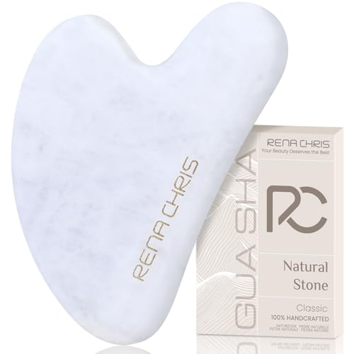 Image of Rena Chris Gua Sha Facial Tools: Natural Jade Stone Guasha Tool for Face Acupuncture Therapy, Facial Massager for Jawline Sculpting and Puffiness Reducing (White)