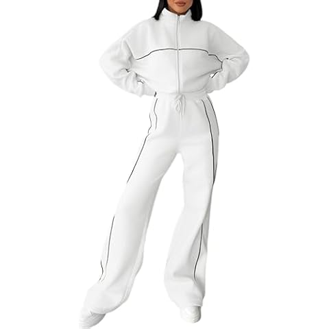 PUWEI Women 2 Piece Tracksuit Fall Outfits Long Sleeve Zip Up Sweatshirt Jogger Pants Lounge Sweatsuit Sets (White-S) Cover