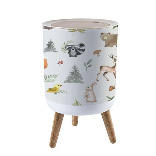 EINGDVPRWEK Trash Can with Lid Safari Animals Watercolor Cute Baby Nursery Seamless Pattern Press Top Round Small Garbage Bin with Wooden Legs Waste Basket for Kitchen Bedroom Nursery 7L/1.8 Gallon