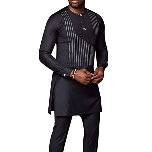 Men's 2 Piece Outfits African Clothing Shirt and Pants Long Sleeve Dashiki Suit Slim Fit Clothes M-4XL (Color : Black, Size : Medium)