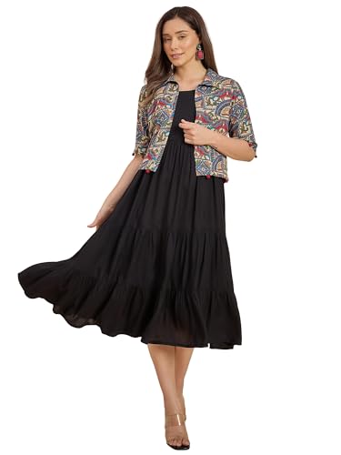 Image of Azira Women Rayon Solid Fit & Flared Dress with Printed Jacket | Perfect for Casual outings, Parties Rayon Fabric|