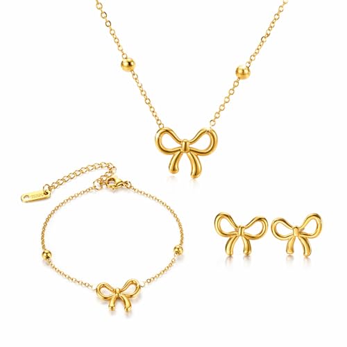 ARYIMYDP Conjunto de Joyas para Mujer 3 Piezas, Acero Titanio Color Oro, Collar Pulsera Pendientes con Diseño de Lazo, Ideal para Regalos, Bodas, Fiestas, Citas, Cumpleaños y Ocasiones Especiales