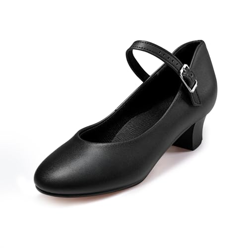 Linodes PU Leather Upper Ankle Strap Character Shoe 1.3'' Leather Sole Dance Shoes for Girls-Black-1M