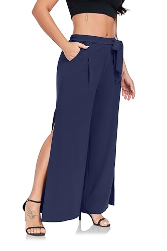 Women's Wide Leg Pants High Waist Tie Knot Front with Pockets Flowy Casual Palazzo Trousers
