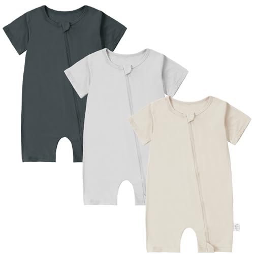 Image of BETTERFUN 3 Pack Baby Romper Short Sleeve Spring Summer Unisex Toddler Bamboo Viscose Onesie 3-6 Months, Dark Grey/Grey/Apricot