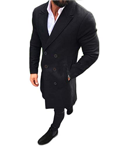 Mens Long Double Breasted Trench Coat Gentlemen Formal Wear Jacket Overcoat Outfits Pea Coats (Black, XL)