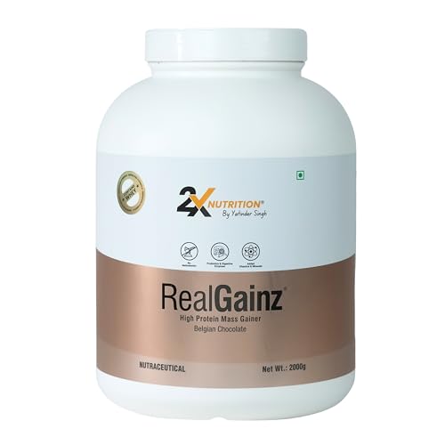 Image of REALGAINZ by 2X Nutrition | High-protein mass gainer | 78g Carbs per serving | High protein (26g) Natural weight gain | Build lean muscle mass | contains digestive enzymes (2Kg, Belgian Chocolate)