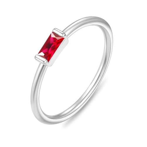 RLMOON Birthstone Rings for Women Non Tarnish Silver Stacking Ring Dainty Red CZ Baguette Gemstone Promise Ring Personalized Jewelry Gift for Birthday Size 7