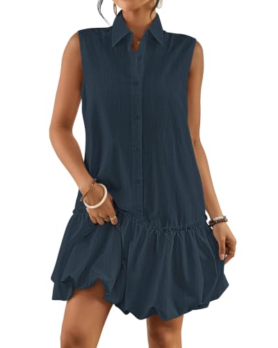 Image of Bsubseach Womens Casual Summer Dresses Sleeveless Linen Bubble Mini Short Dress Button Down Shirt Sundress with Pockets