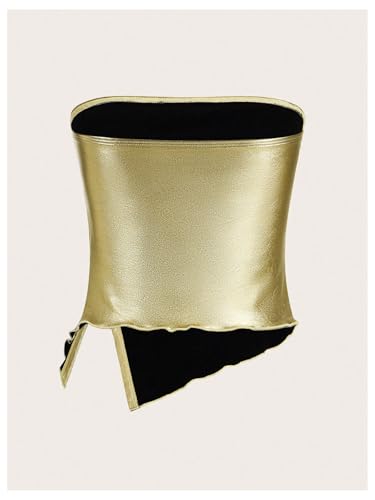 SHENHE Women's Metallic Split Hem Ruched Tube Bandeau Tank Strapless Party Rave Crop Top2