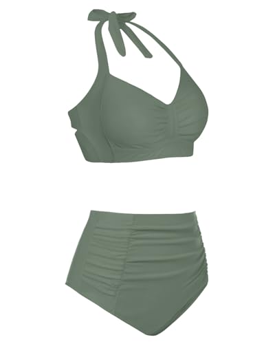 Image of Holipick Women High Waisted Bikini Set Two Piece Swimsuit Tummy Control Bathing Suit Vintage Halter Swimwear