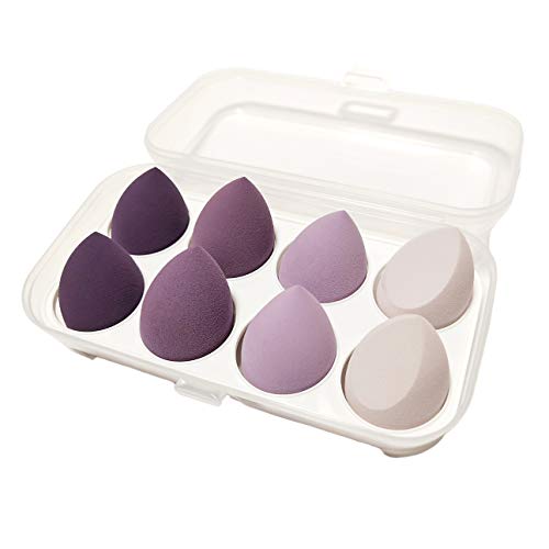 YAIN 8 PCS Makeup Sponge Set Foundation Blender Blending Sponges Cosmetic Multi Shape for Dry & Wet Use, Beauty Sponge Holder Organizer Case Purple Color Cosmetics Tool Applicator Puff Drying Rack