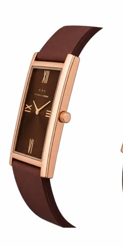 Image of CHARLIEKEEN Rectangular Wristwatch, Black Dial with Rose Gold Roman Numerals, Silicone Strap, Elegant Style (Rose Gold, Brown, Brown)