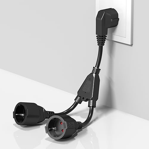 Luxvista Fiche Double pour Prise de Courant 2-Fois Multiprise avec Flexible Kable 2 en 1 Schuko Câble de Rallonge Court IP20 Protection pour Intérieur et...