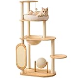 Modern Cat Tree with Scratching Post, Solid Rubber Wood Cat Tree Tower for Indoor Cats with Cotton Nest, Space Capsule, Cat Scratching Ball and Board