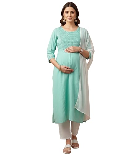 Image of DUMMY SHAPE Feeding Kurta Set for Women Cotton Blend | Floral Embroidered Pregnancy Kurta Pant Dupatta with Nursing Zippers | Pre & Post Partum | Maternity Dresses | Mom to Be Gifts