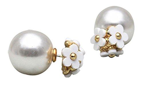 NOUMANDA Double Sided Pearl Flower Sweet Style Statement Fashion Earring for Women (white)