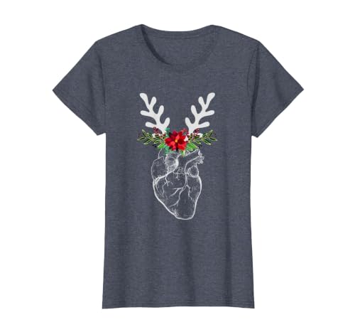 Nurse Heart Anatomy Reindeer Heart Cath Lab RN Cardiology Hu T-Shirt, Women, Heather Blue, Small