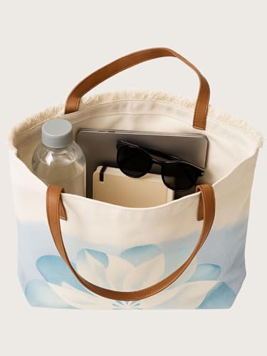 Image of GRECIILOOKS Eco Canvas Boho Tote Bag for Women, Spacious Jute Handbag with Faux Leather Straps, Frayed Edge & Floral Print, Lightweight Shoulder Bag for Beach Travel Shopping Work
