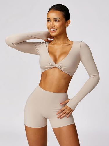 2 Piece Workout Sets for Women Long Sleeve Crop Tops and Yoga Pants Outfits High Waist Flared Leggings Gym Sets4