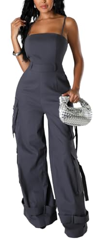 BOKITECAO Womens Cargo Jumpsuit Sexy One Piece Outfit Wide Leg Romper Multi Pockets Overalls