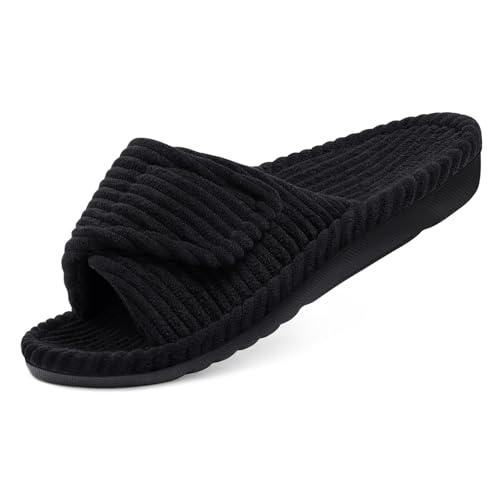 Litfun Orthopedic House Slippers for Women Adjustable Arch Support Indoor Slippers Open Toe Corduroy Bedroom Shoes, Black 39