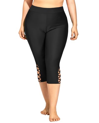 Holipick Black Plus Size Swim Pants for Women Criss Cross Swim Capris High Waisted Swim Leggings UPF 50+ Long Swim Shorts 26W3