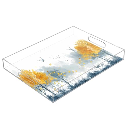 BOESI Doodle Colorful Tree Pattern Acrylic Decorative Dining Tray, Acrylic Decorative Tray Organizer with Handle for Kitchen, Dining Room, Bathroom, Dresser