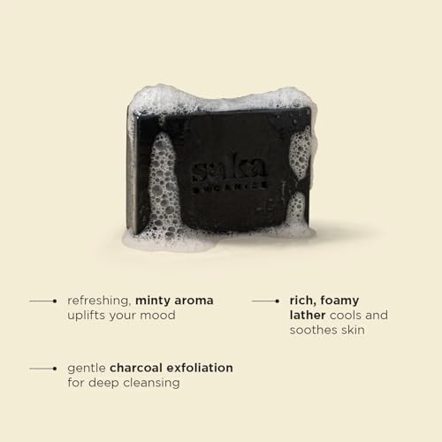 Image of Saka Organics Activated Charcoal & Mint Bath Soap with Shea Butter, Pack of 2 (120g Each) | Handmade Cold-Processed Soap | Deep Cleansing, Gentle Exfoliation & Refreshing | Sulphate & Paraben Free