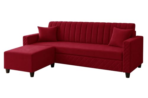 Image of 3 Seater Velvet Sofa with Ottoman | Modern Upholstered Couch | Quilted Design | Soft Comfortable Seating | Sturdy Wooden Frame | Living Room, Office - Red