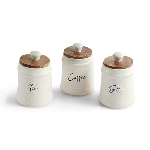 Image of ExclusiveLane 'Daily Rituals' Airtight Ceramic Jars For Kitchen Storage With Wooden Lid Ceramic Containers For Pickle Cookies Sugar Dry Fruits (Set of 3, Airtight, 300 ML, Hand-Embossed, 13.5 Cm)