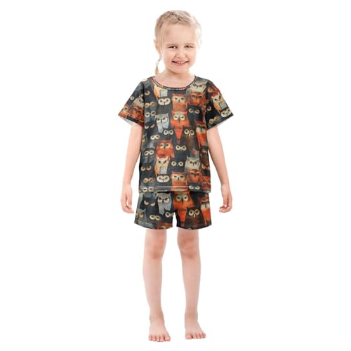 ALAZA Colored Bird Owl Art Pajamas Set Short Sleeve Cotton Sleepwear Summer Pjs 2 Piece 5-14Y3